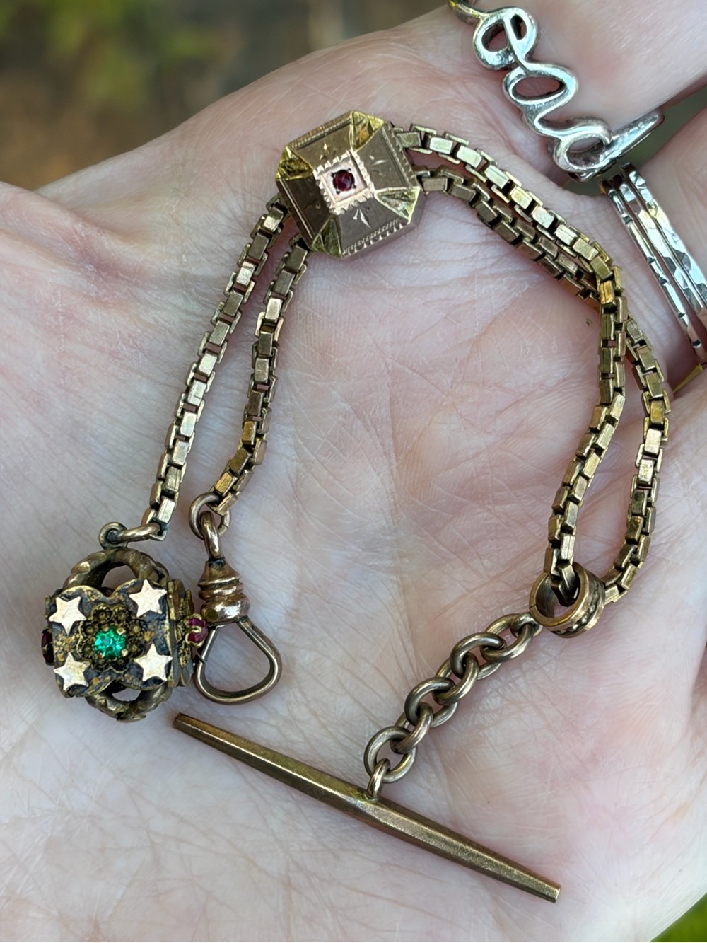 Victorian Gold Fill Or Gold Shell Pocket Watch Fob With Different Color Gems - Picture 3 of 16